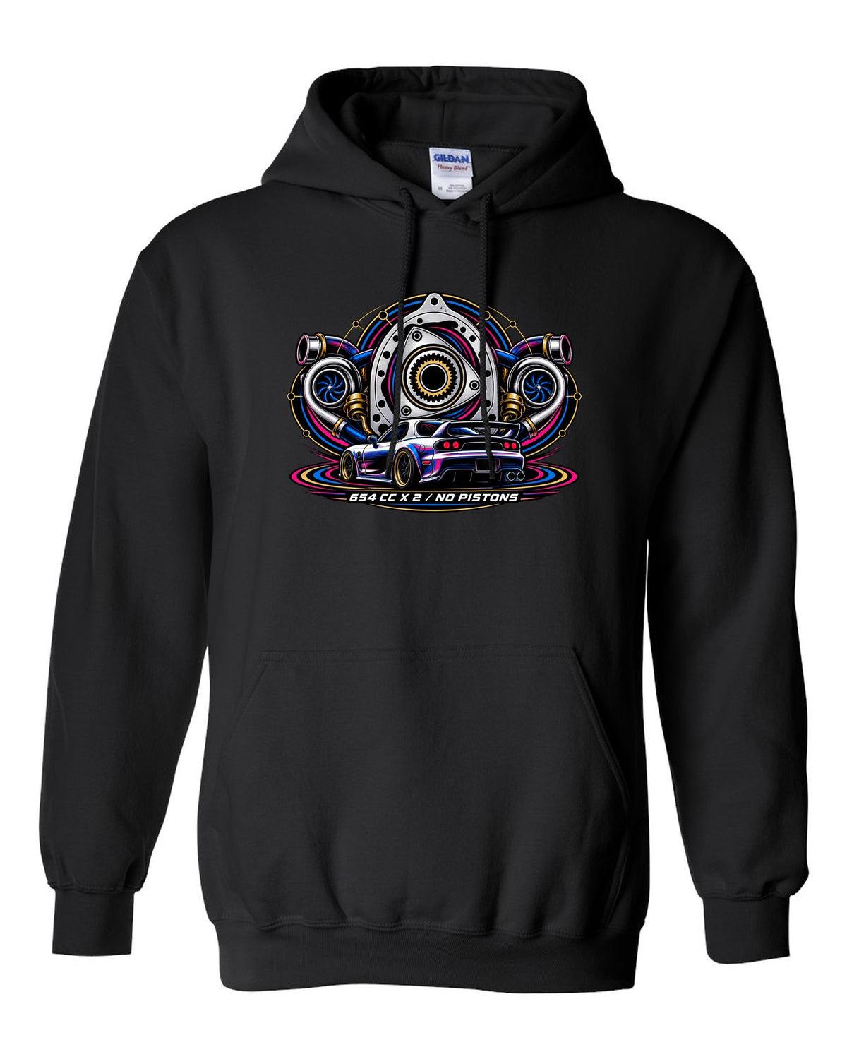 Two-colour riso style rear view print of a Mazda RX-7 FD3S with text $800, FD3S, Runs black pull over hoodie front view with the design
