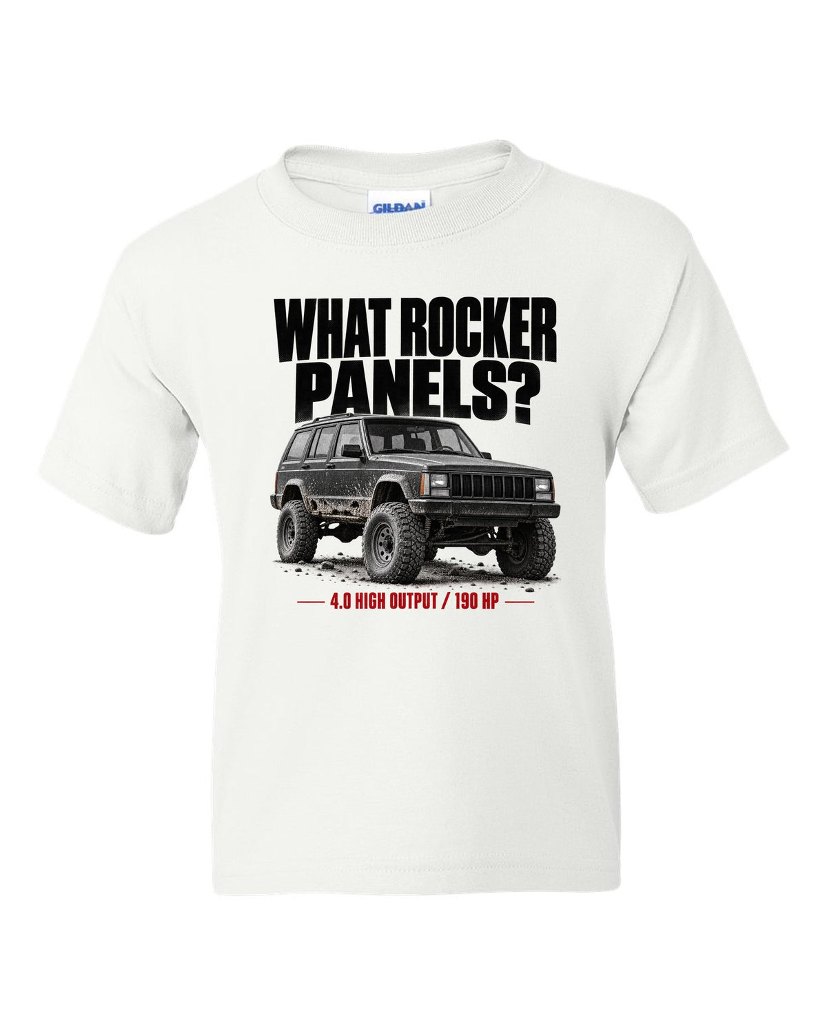 Jeep Cherokee XJ halftone print with 4.0 High Output 190 HP text white kids tee front view with the design