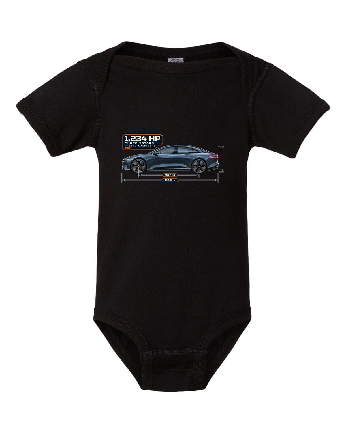 Dimension blueprint print of a Lucid Air Sapphire 2023 black baby onesie front view with the design