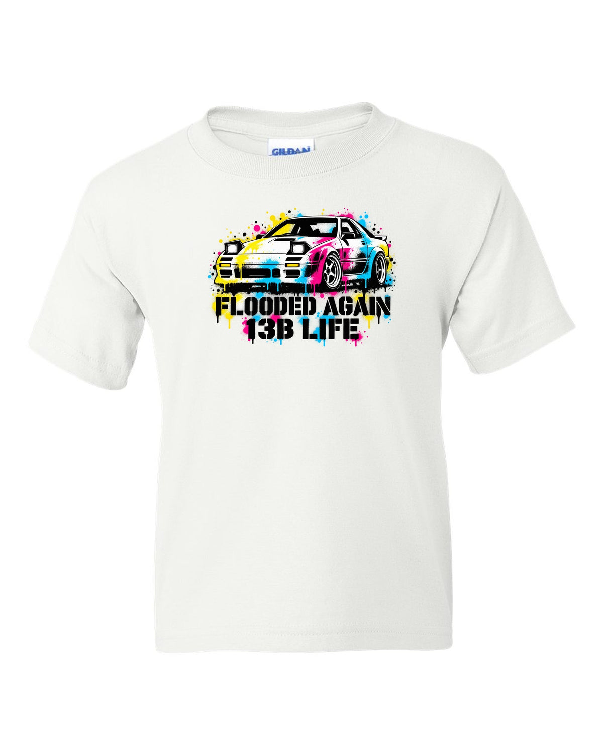 Stencil spray street art print for the Mazda RX-7 FC3S with flooded again 13B life lettering white kids tee front view with the design