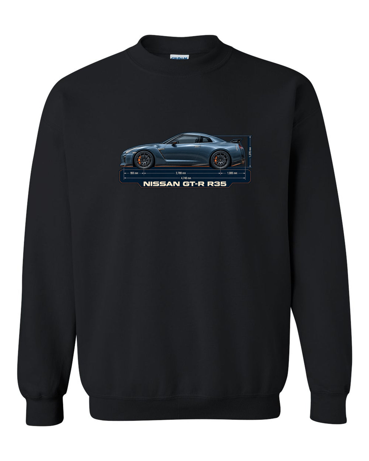 Nissan Z RZ34 Performance dimension blueprint in graphite blue black crewneck front view with the design