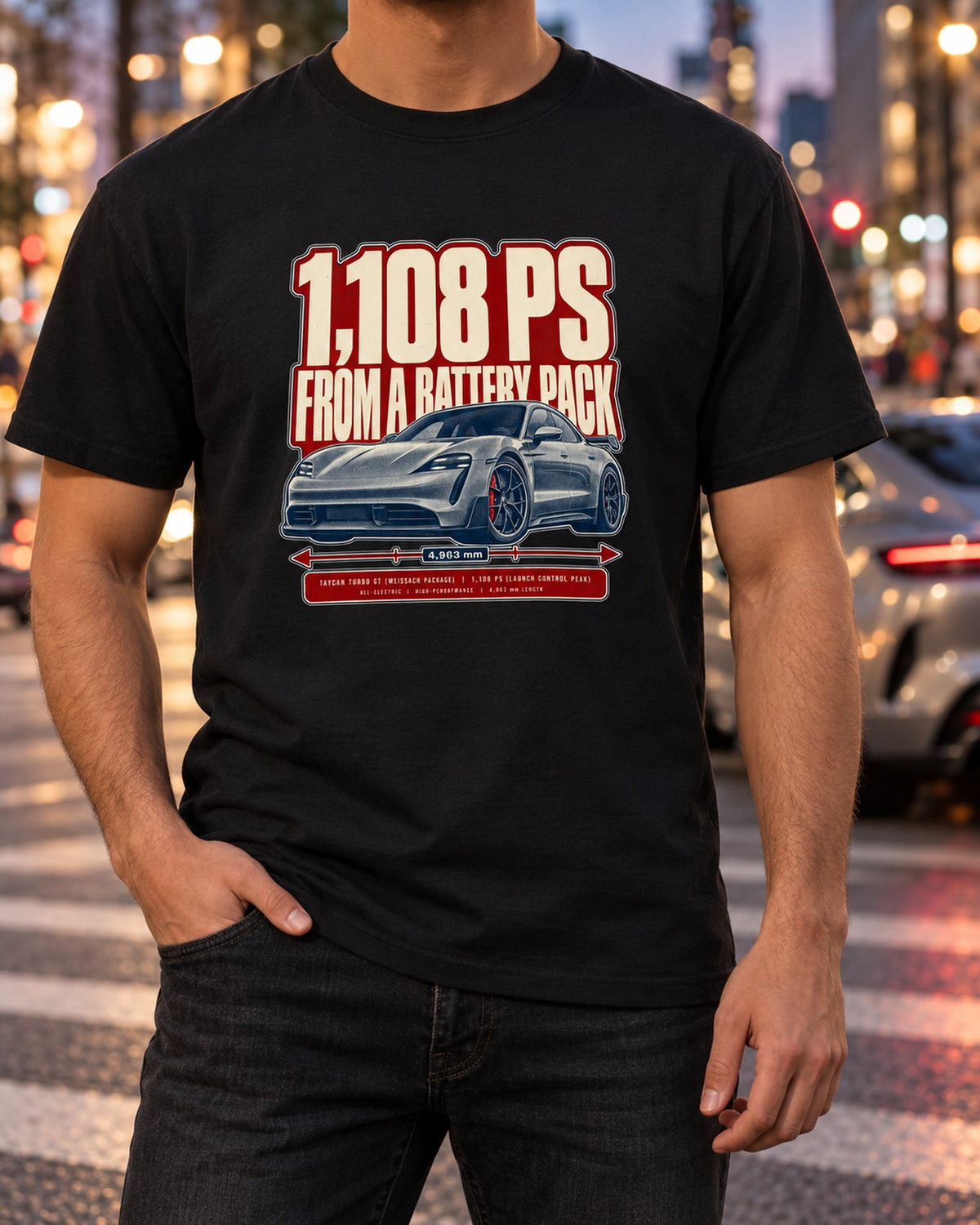 Taycan Turbo GT Halftone Shirt, 1,108 PS Porsche EV Gift T-Shirt Black worn hero