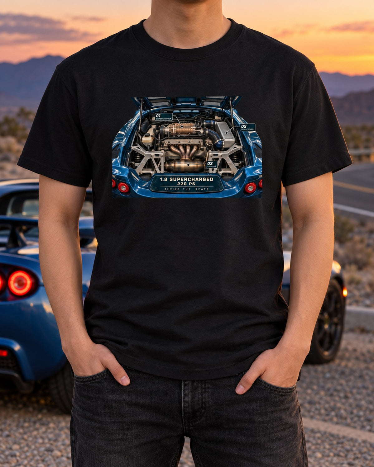 Lotus Exige S 2ZZ Engine Hero Tee, 1.8 Supercharged 220 PS T-Shirt Black worn hero