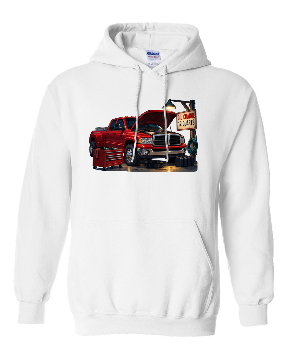 Cel-shaded anime night garage print of a red 2003-2009 Dodge Ram 3rd gen diesel with oil change text white pull over hoodie front view with the design