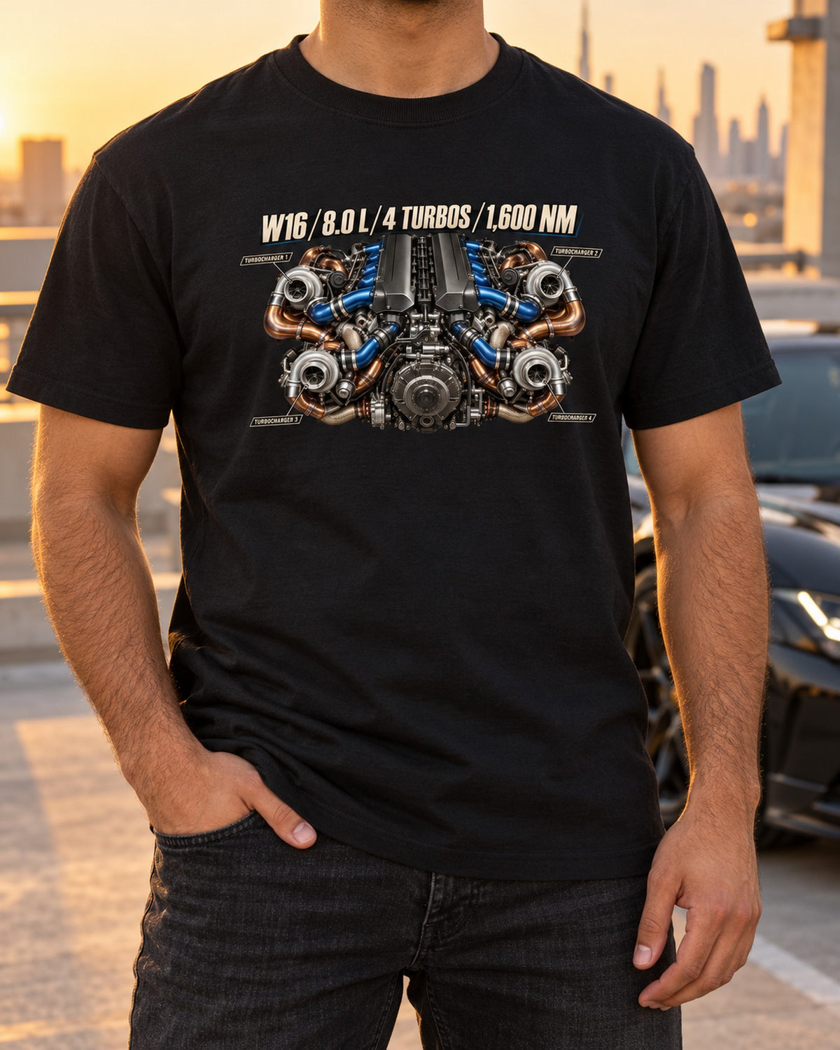 Bugatti W16 8.0L Quad-Turbo Engine Poster Shirt, 1,600 Nm T-Shirt Black worn hero