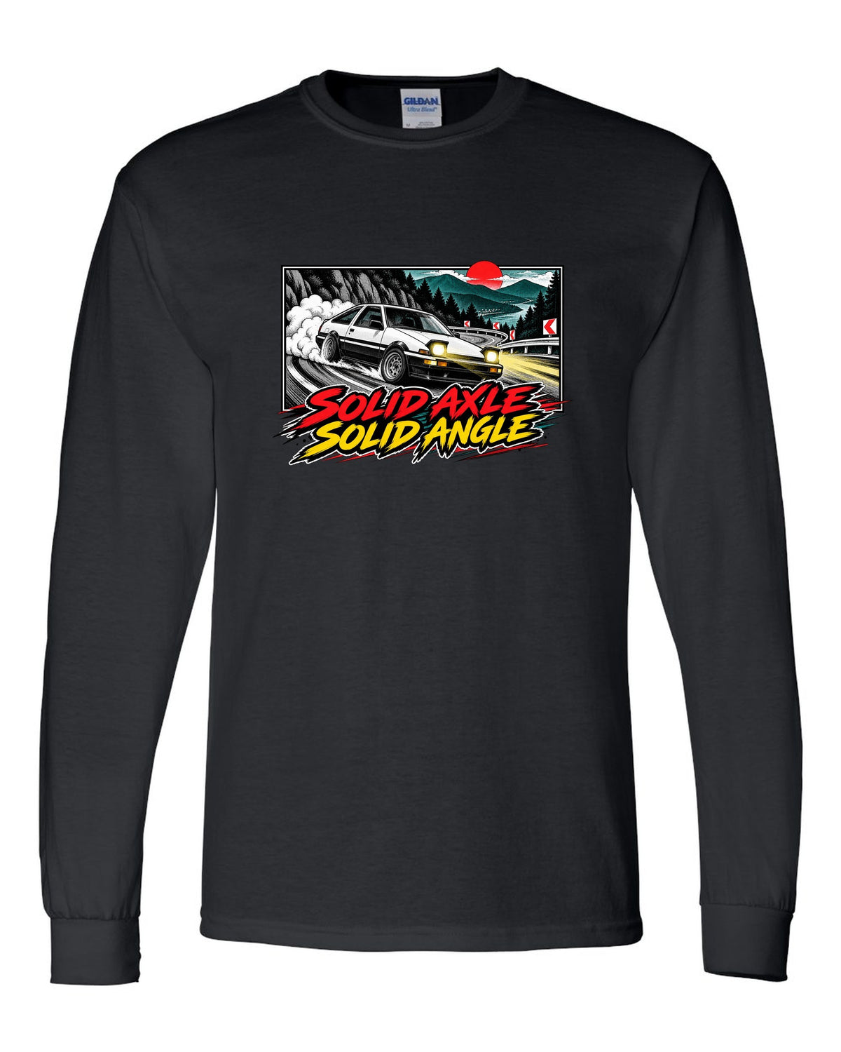 Retro manga halftone panel of a Toyota AE86 Sprinter Trueno drifting downhill black long sleeve front view with the design