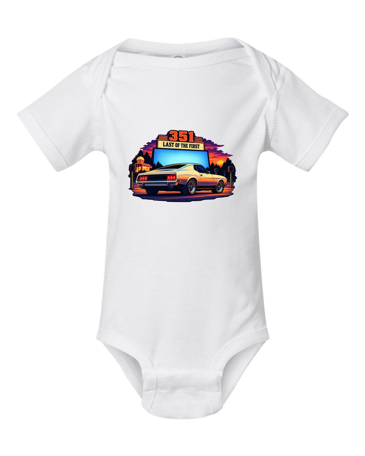 Cel-shaded anime print of a 1973 Ford Mustang fastback at a drive-in white baby onesie front view with the design