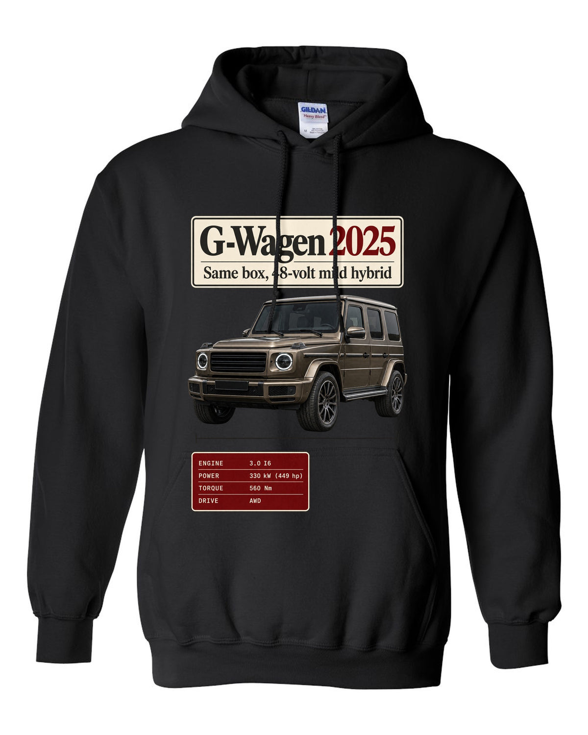 Archive panel print of a 2025 Mercedes-AMG G63 W463A facelift black pull over hoodie front view with the design