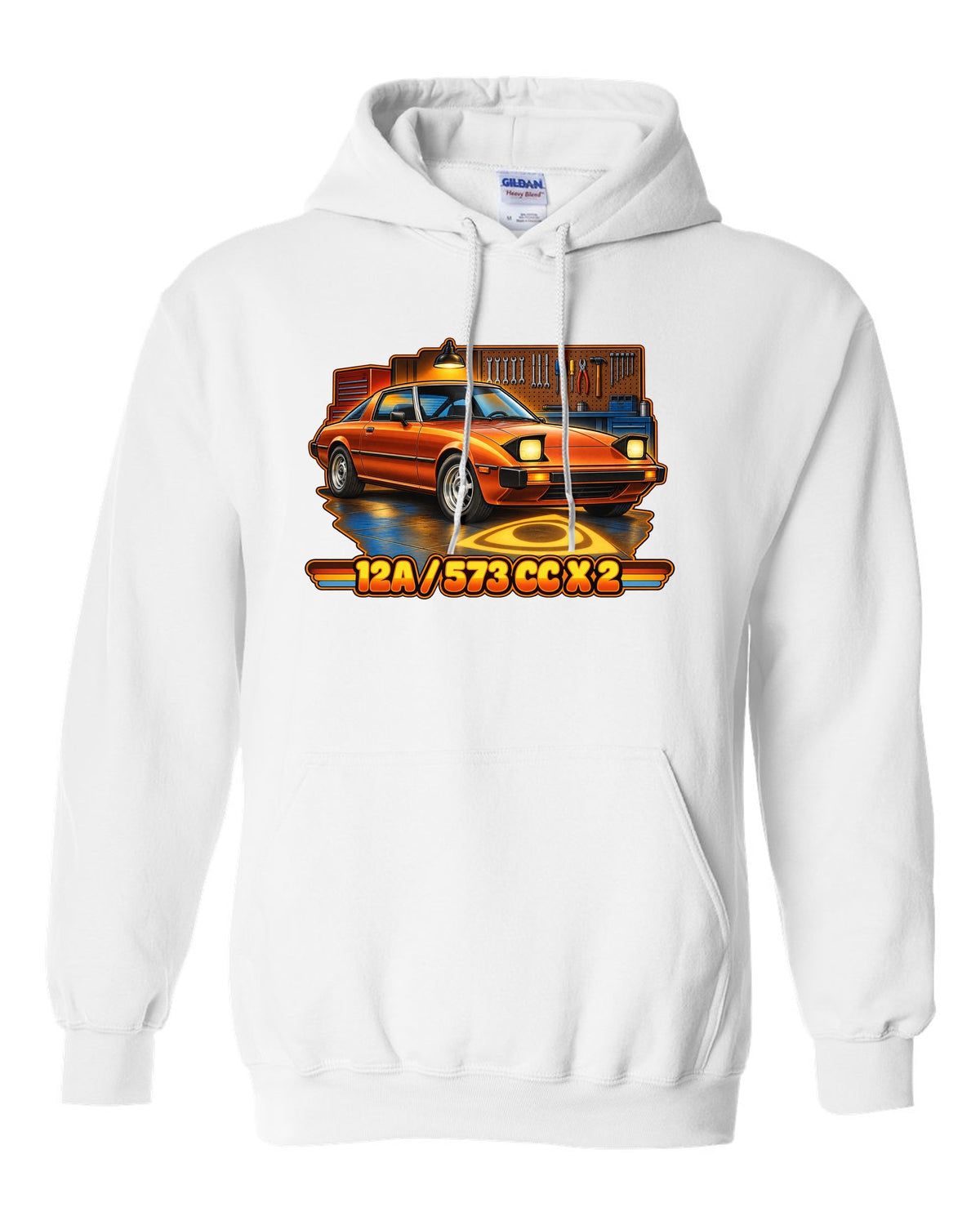 Seventies airbrush poster print of a Mazda RX-7 SA22C with the text 12A, 573 cc x 2 white pull over hoodie front view with the design