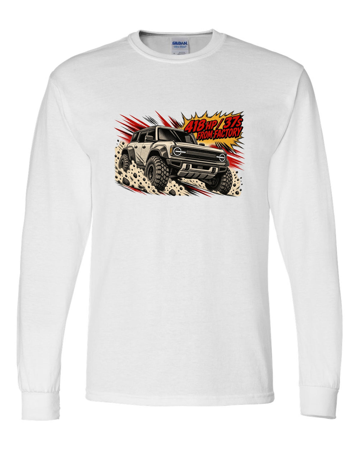 Retro manga halftone panel of a 2022 Ford Bronco Raptor jumping in the desert with 418 HP lettering white long sleeve front view with the design