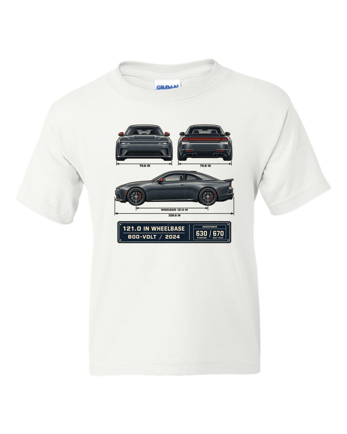 Dodge Charger Daytona Scat Pack 2024 dimension blueprint print white kids tee front view with the design