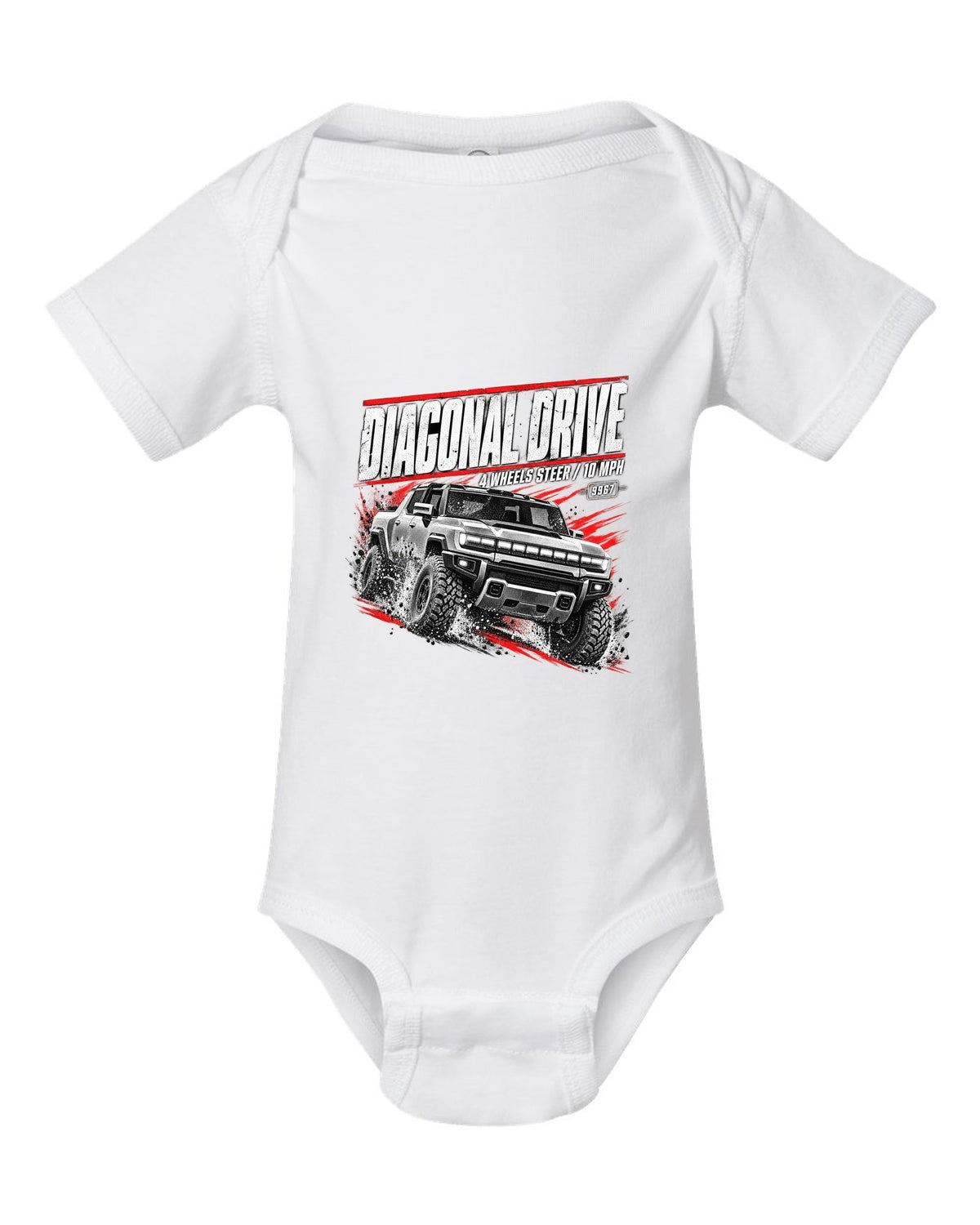 GMC Hummer EV pickup moving diagonally in a race poster design white baby onesie front view with the design