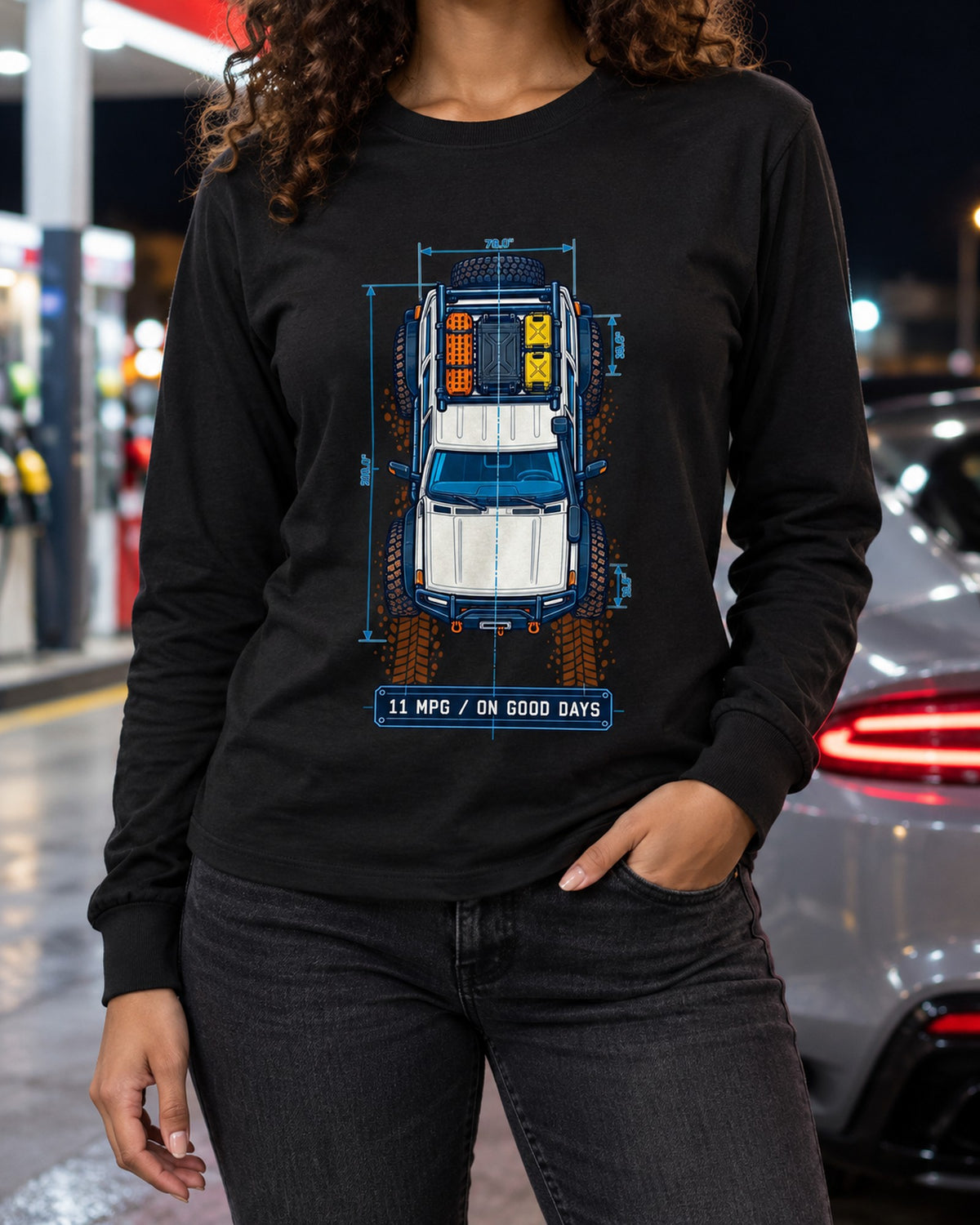 Land Cruiser FJ80 Top-Down Blueprint Tee: 11 MPG on Good Days Long Sleeve Black worn hero