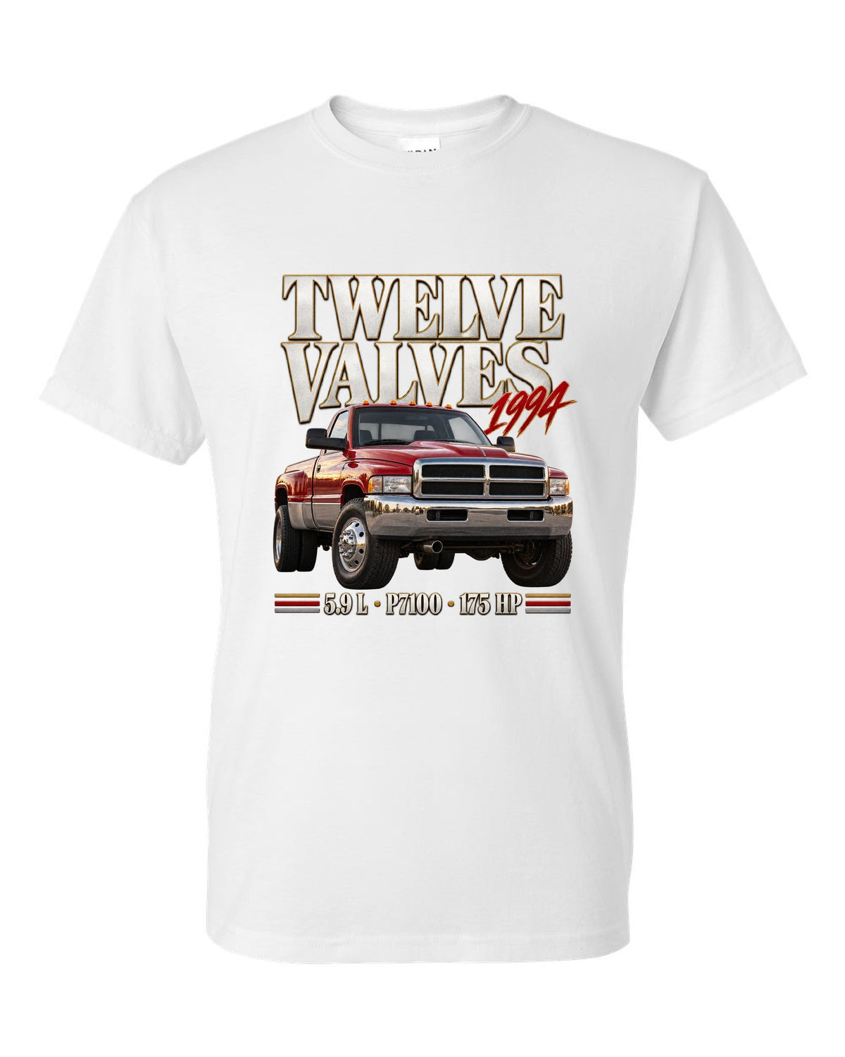Editorial print of a 1994-98 Ram 2500 Cummins 5.9 12V with P7100 pump lettering white t-shirt front view with the design