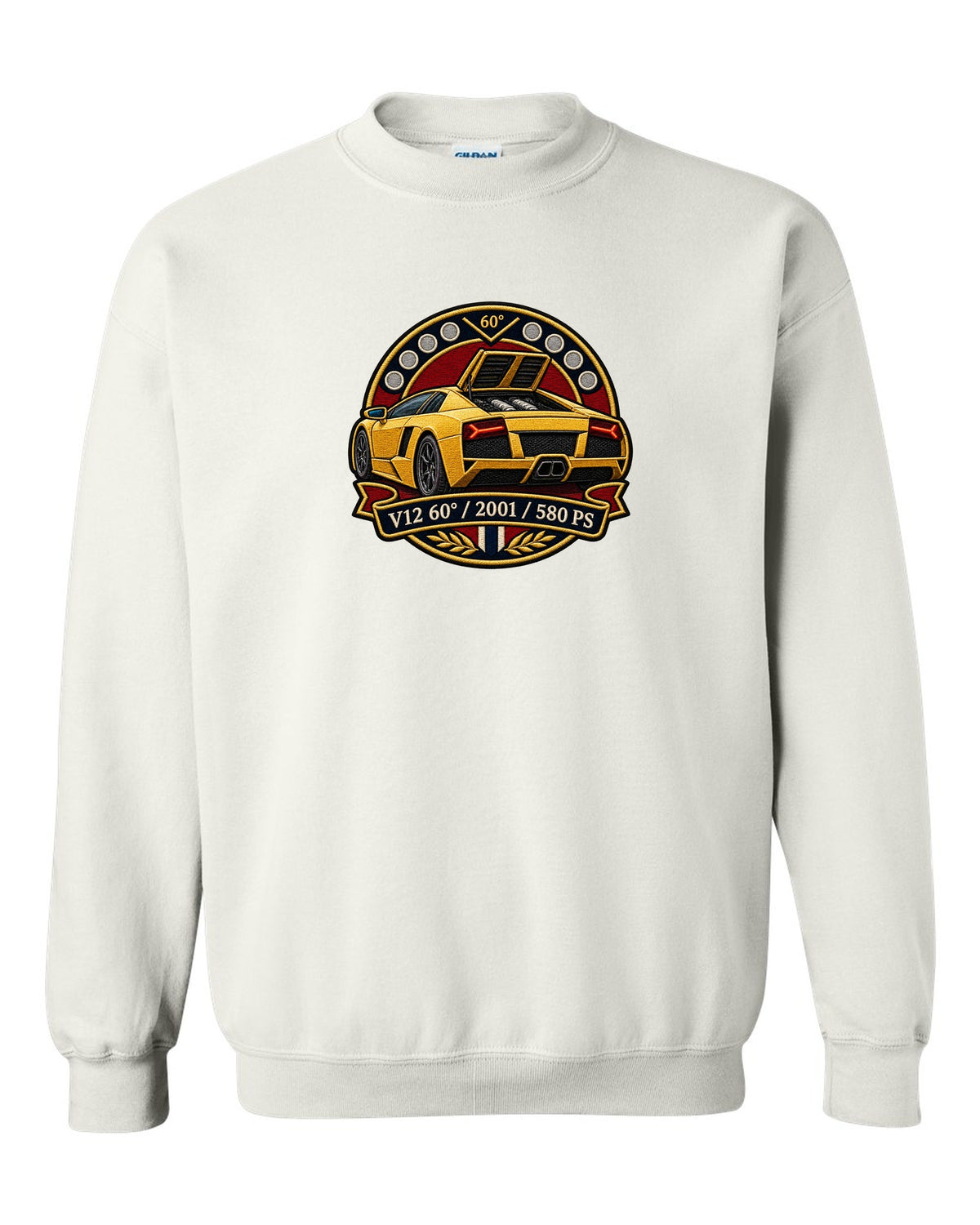 Embroidery-style varsity crest design of a 2001 Lamborghini Murcielago with V12 and 580 PS text white crewneck front view with the design