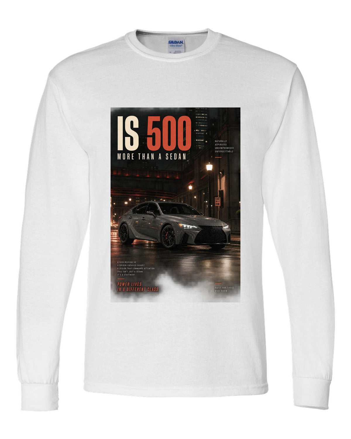 Halftone print of the Lexus IS 500 with 5.0 V8 text white long sleeve front view with the design