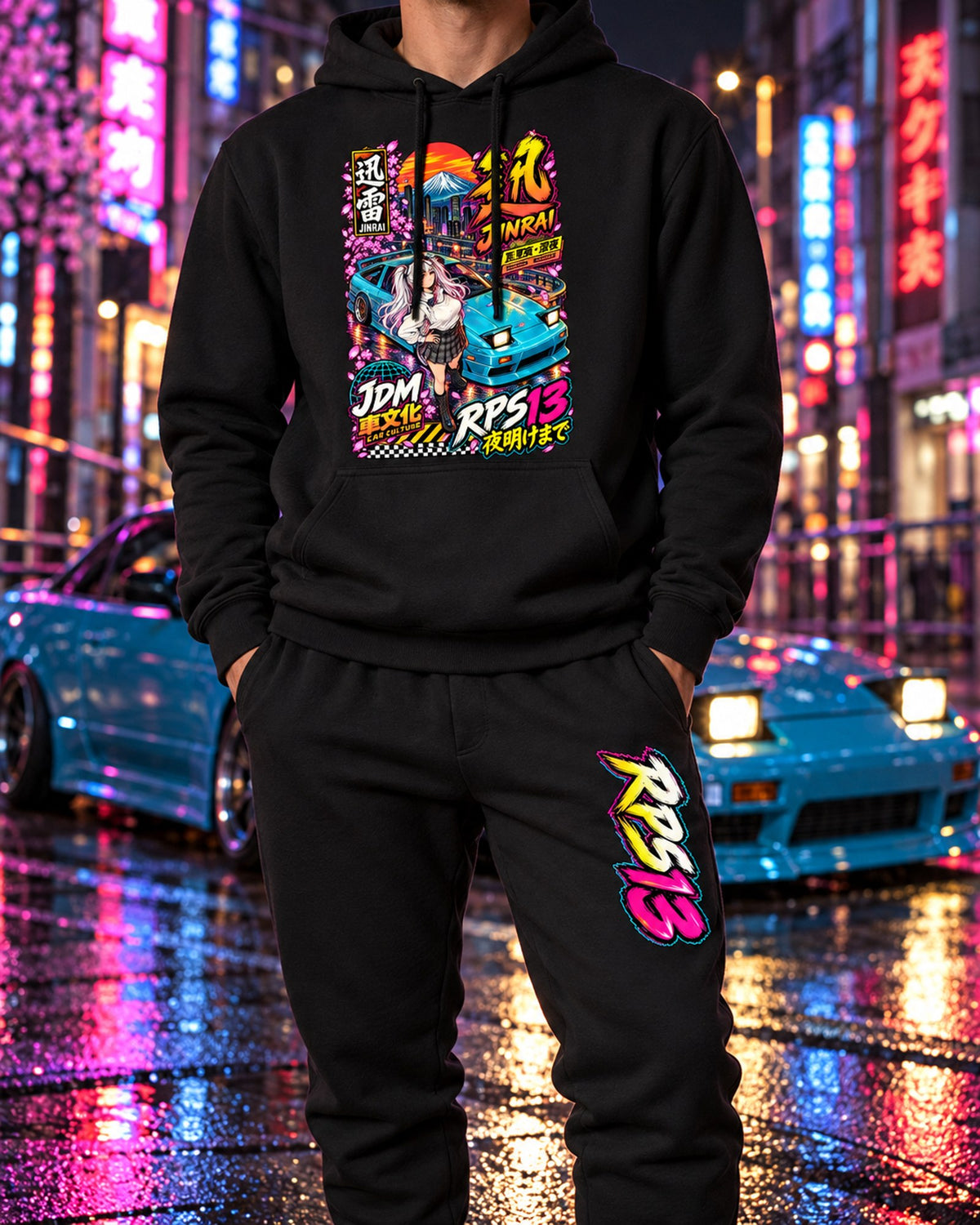 RPS13 Jinrai Anime Girl Poster Hoodie + Jogger Set Black worn hero