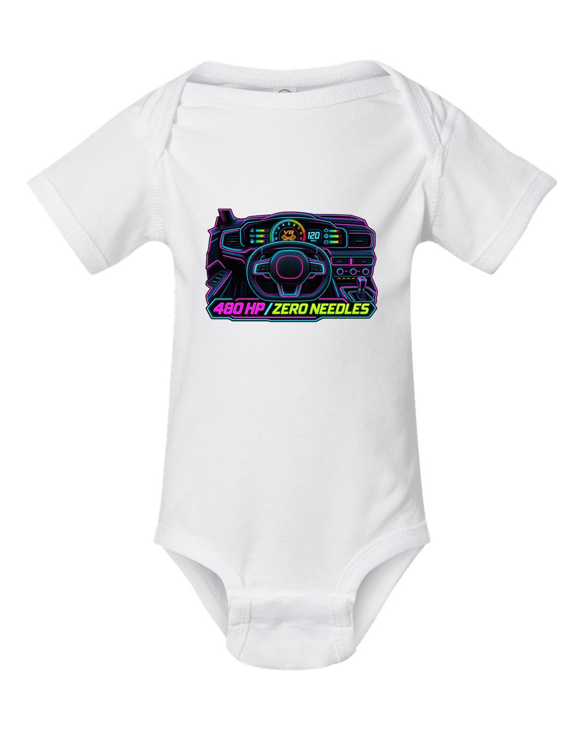 Neon gauge-cluster HUD print of a Ford Mustang S650 GT 2024 with 480 HP text white baby onesie front view with the design