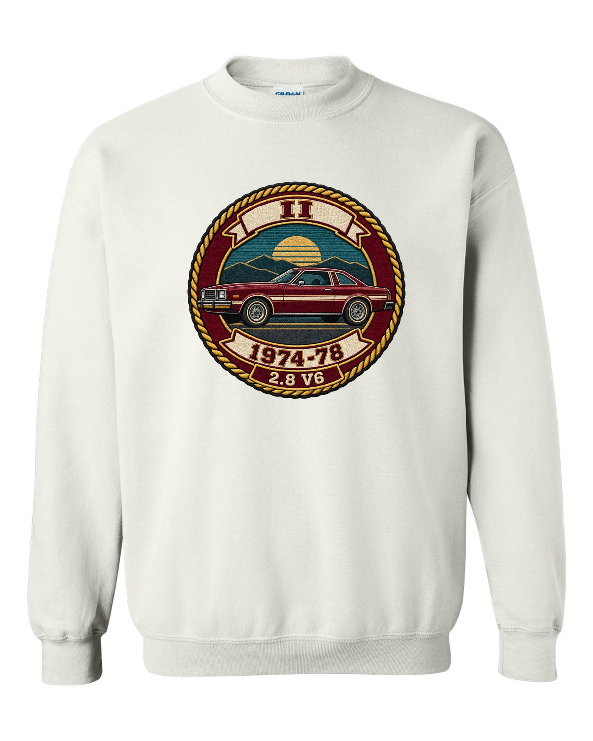 Embroidery-style varsity crest print for a 1974-78 Ford Mustang II notchback white crewneck front view with the design