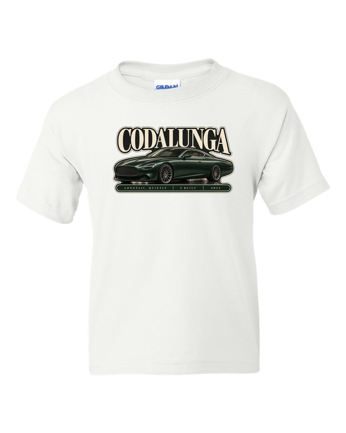 Editorial headline print of the Pagani Huayra Codalunga with the text Codalunga, longtail, quietly, 5 built, 2022 white kids tee front view with the design