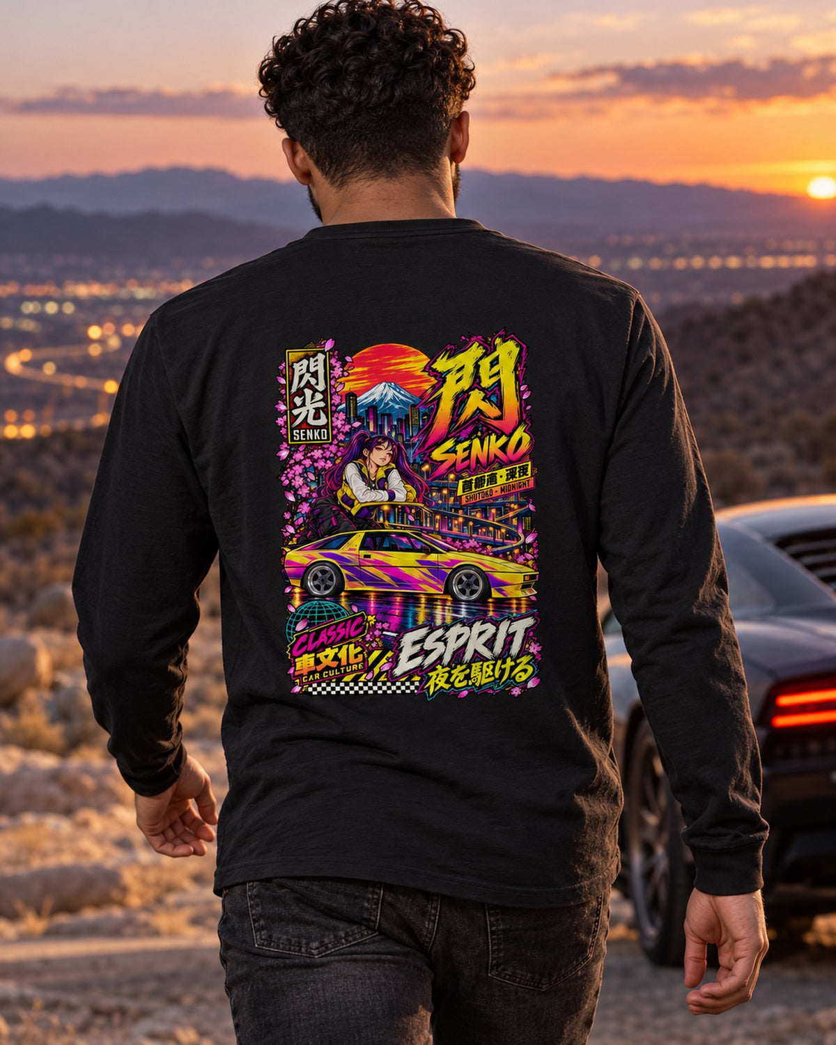 SENKO ESPRIT Anime Girl Full-Back Graphic Tee Long Sleeve Black worn hero