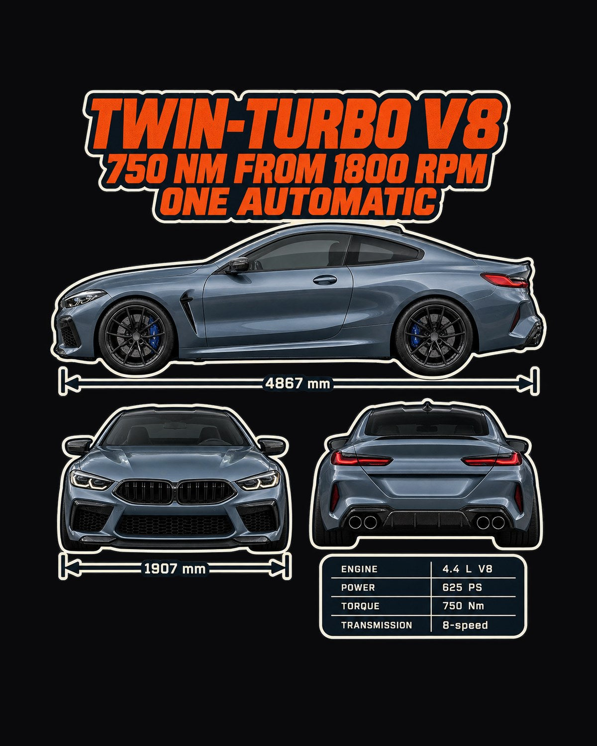 BMW M8 Competition F92 Three-View Spec Table Shirt design only