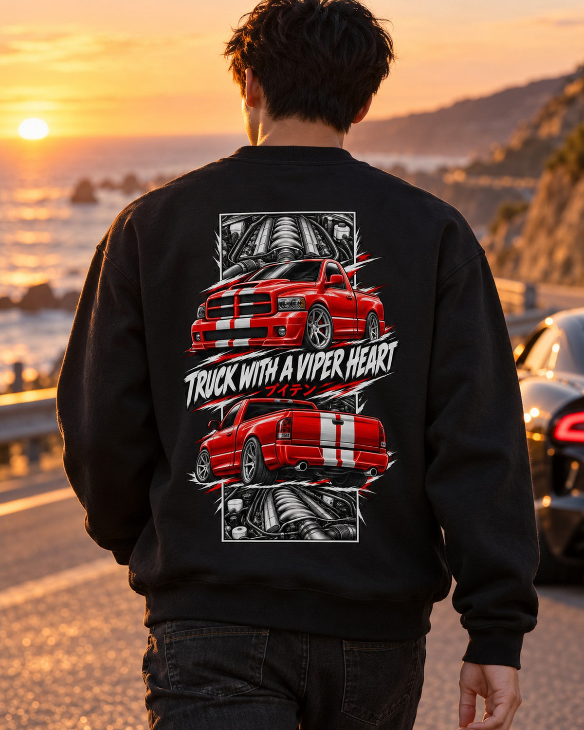 Dodge RAM SRT-10 Torn Poster Full-Back Graphic Tee Crewneck Black worn hero
