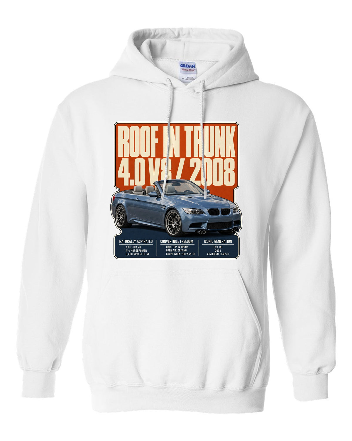 BMW M3 E93 convertible editorial headline print white pull over hoodie front view with the design
