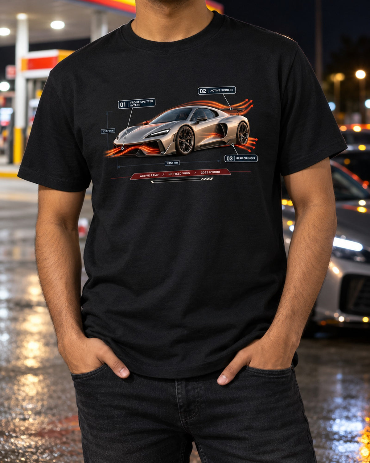 Ferrari 296 GTB Aero Callouts Tee, Active Ramp Hybrid T-Shirt Black worn hero