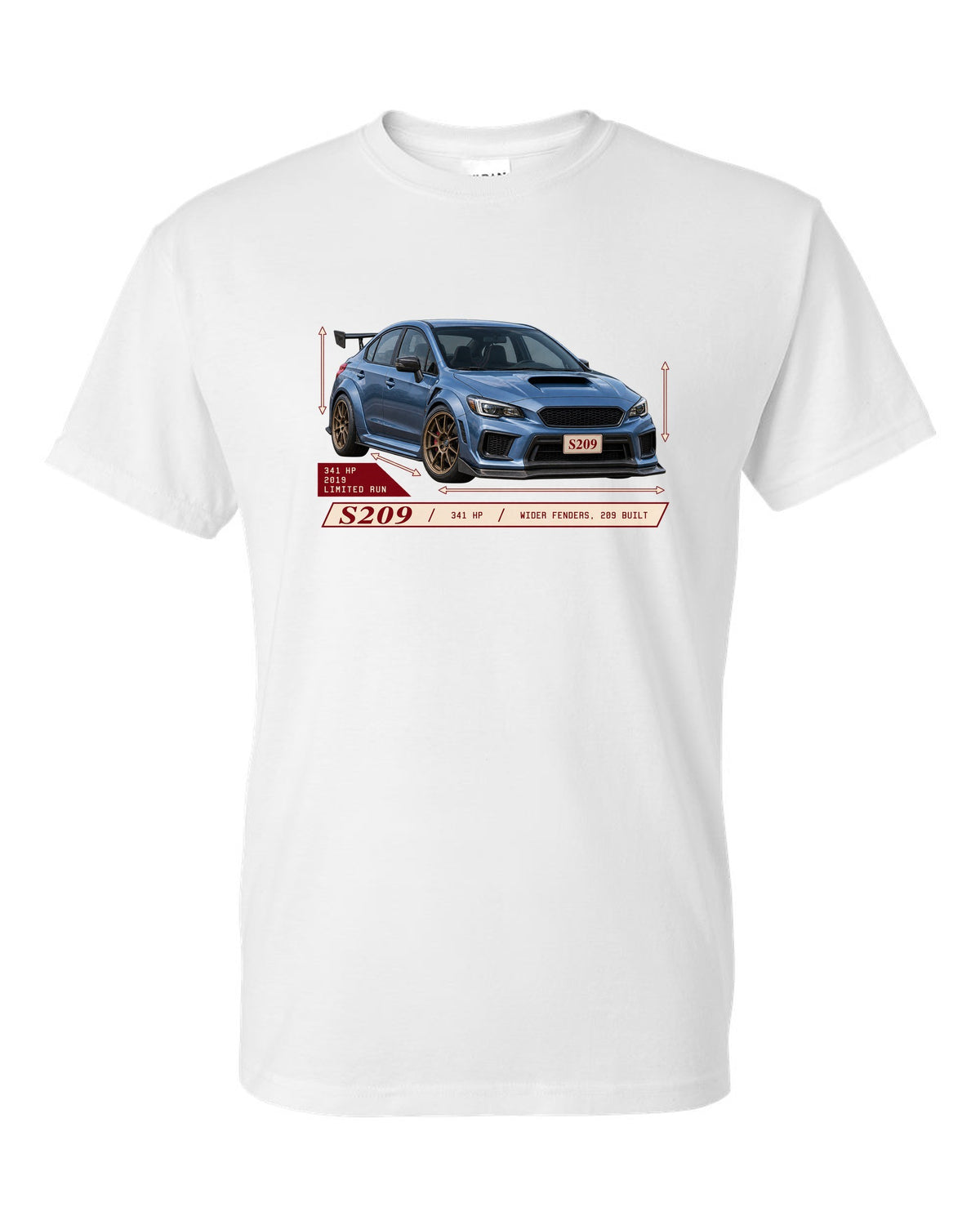 Subaru WRX STI S209 2019 widebody archive panel design white t-shirt front view with the design
