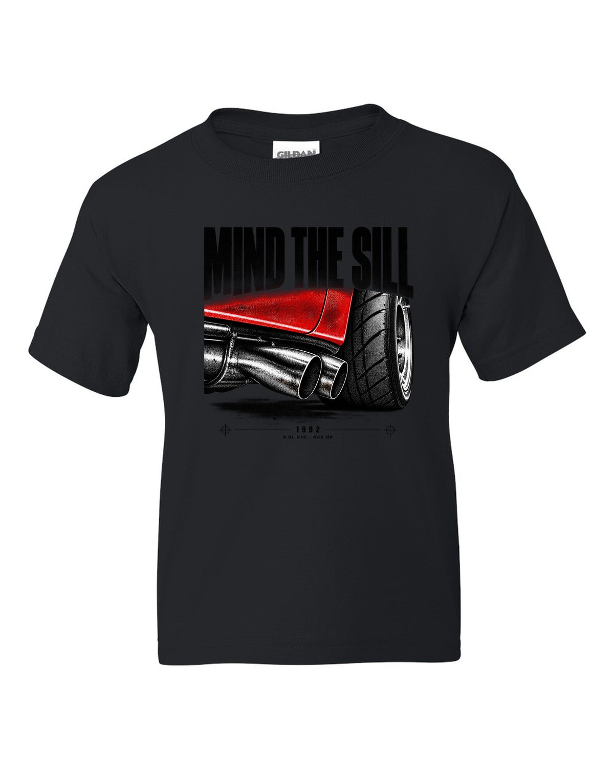 1992 Dodge Viper RT/10 SR I taillight macro print with Mind the Sill lettering black kids tee front view with the design