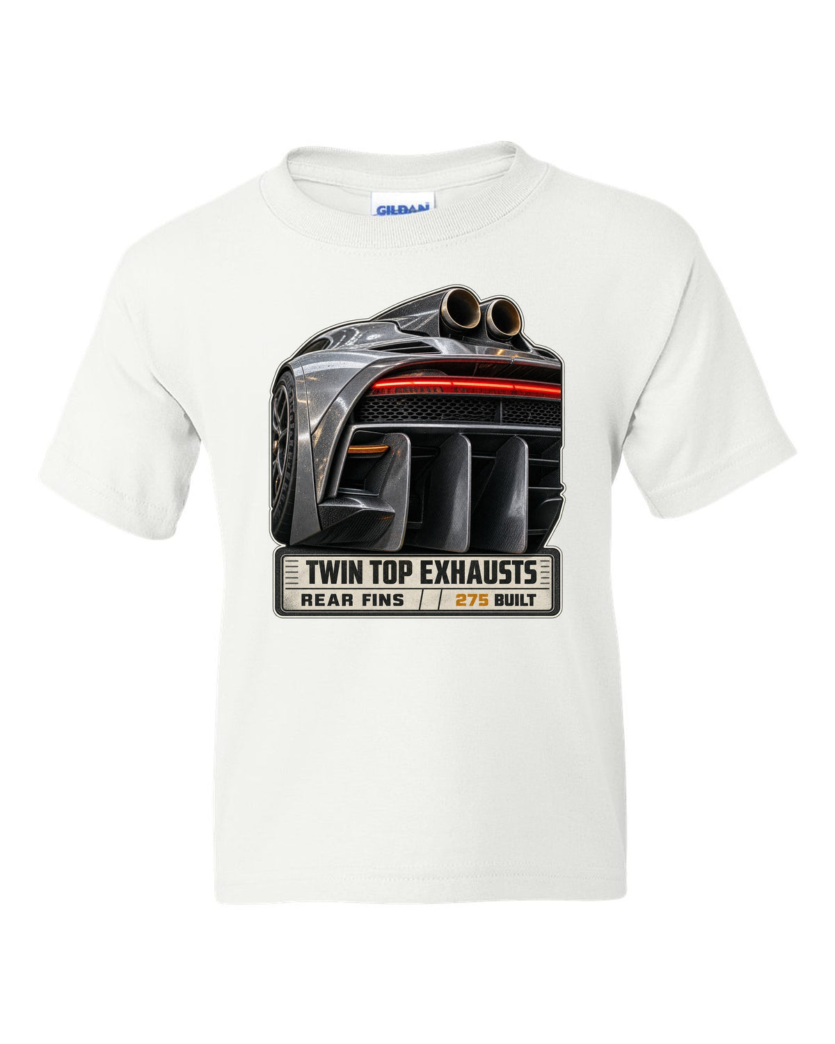 Mercedes-AMG One rear taillight and twin top exhaust macro white kids tee front view with the design