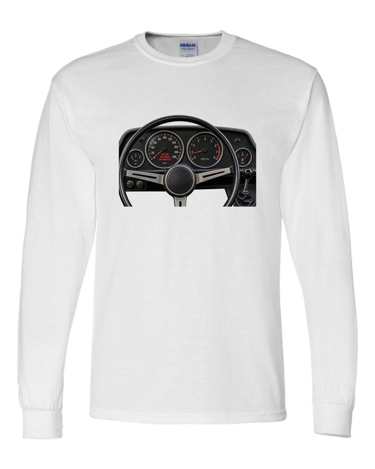 BMW 2002 cockpit gauge print with no ABS no airbag no problem text white long sleeve front view with the design