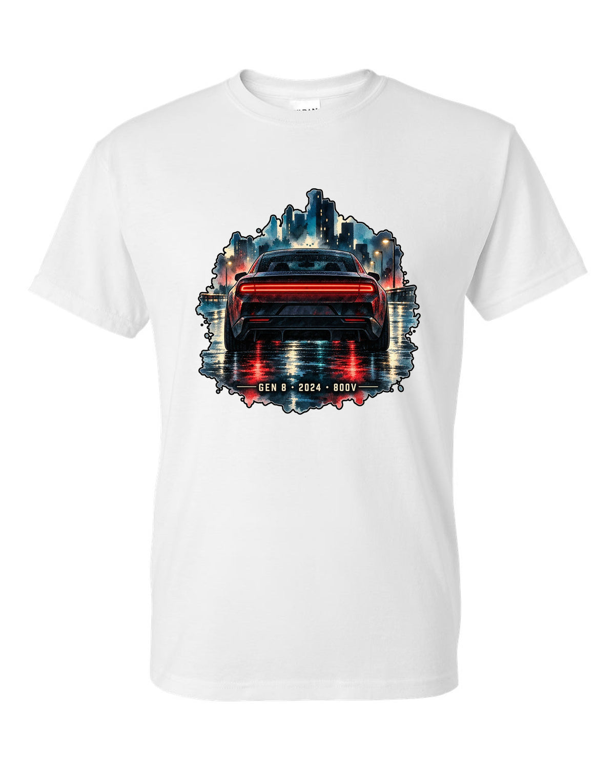 Watercolour night scene of a 2024 Dodge Charger Daytona EV on a wet road with Gen 8 lettering white t-shirt front view with the design
