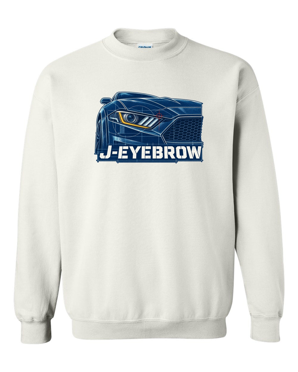 Cyanotype blueprint of a 2015-2023 S550 Ford Mustang fastback with J-Eyebrow label white crewneck front view with the design