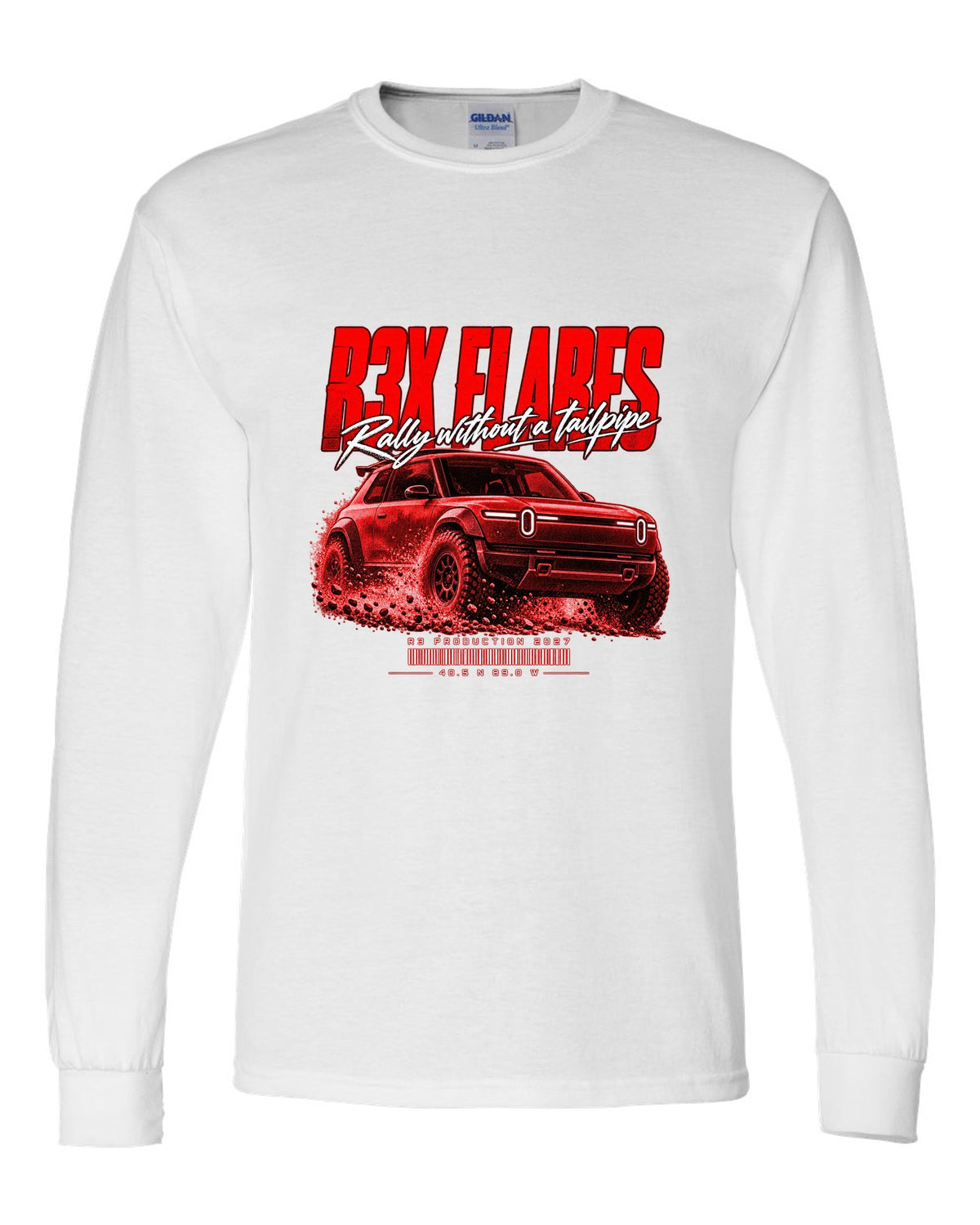 Rally street poster print of a 2027 Rivian R3X with flared arches white long sleeve front view with the design