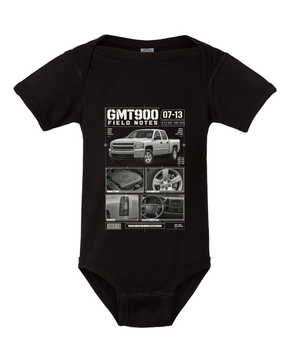 GMT900 Chevy Silverado crew cab field notes dossier print black baby onesie front view with the design