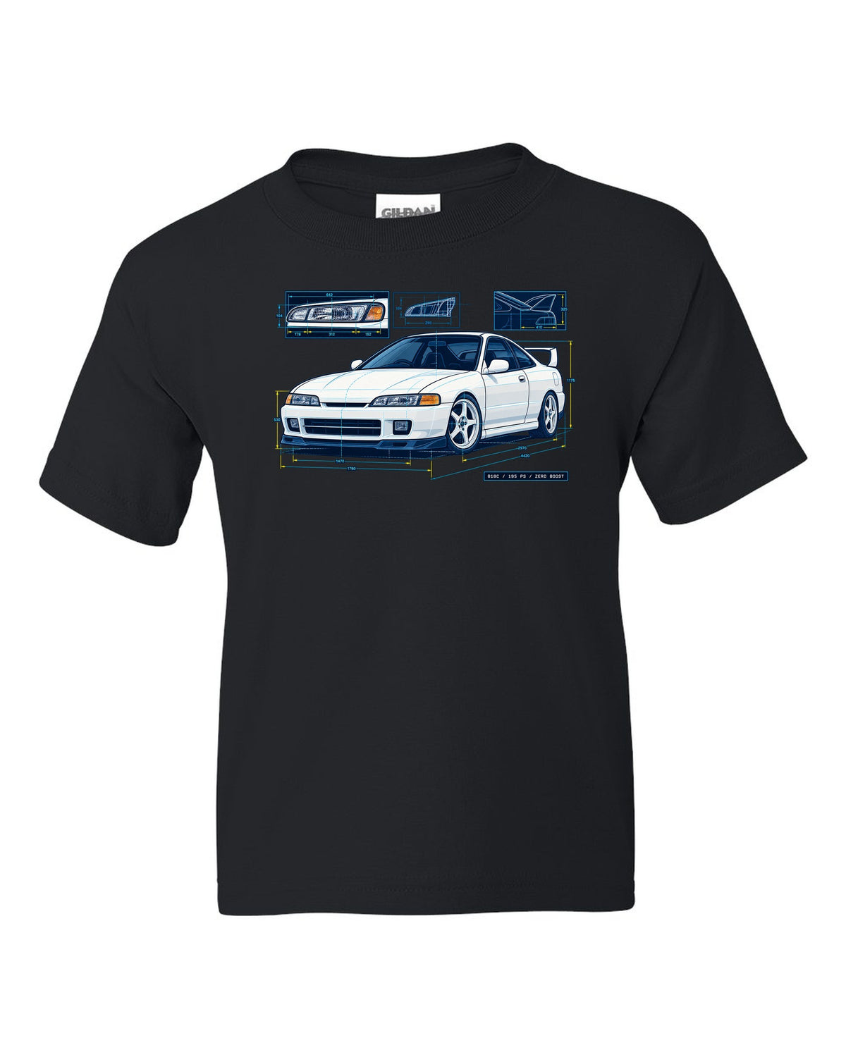 Blueprint line art of a 1995 Honda Integra DC2 headlight with B18C 195 PS Zero Boost lettering black kids tee front view with the design
