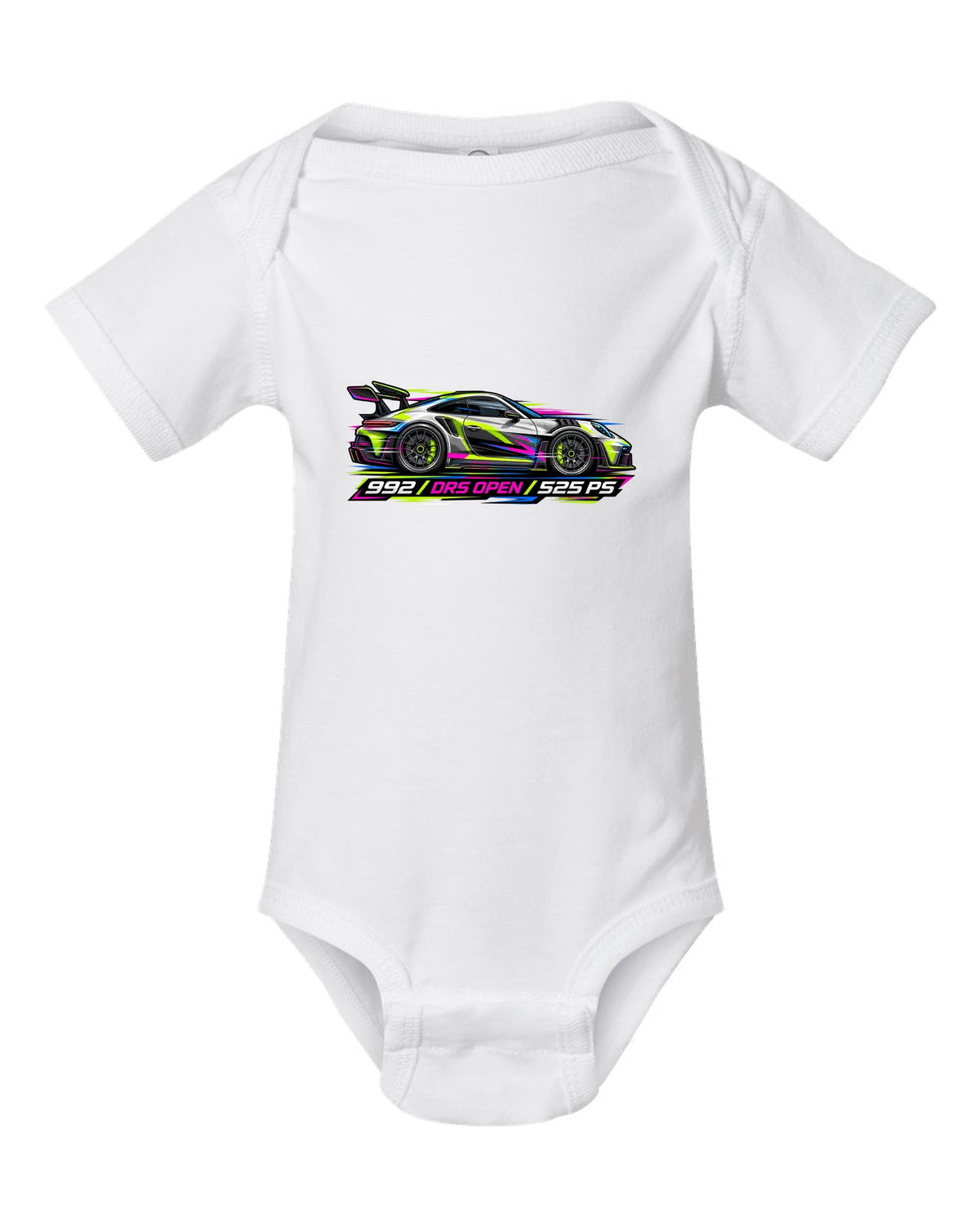 Cyberpunk neon vector artwork of a Porsche 911 GT3 RS 992 with DRS open white baby onesie front view with the design