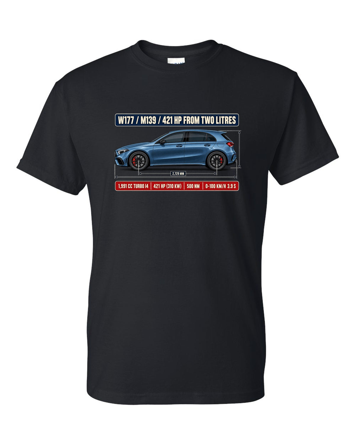Mercedes-AMG A45 S W177 chback dimension blueprint print black t-shirt front view with the design