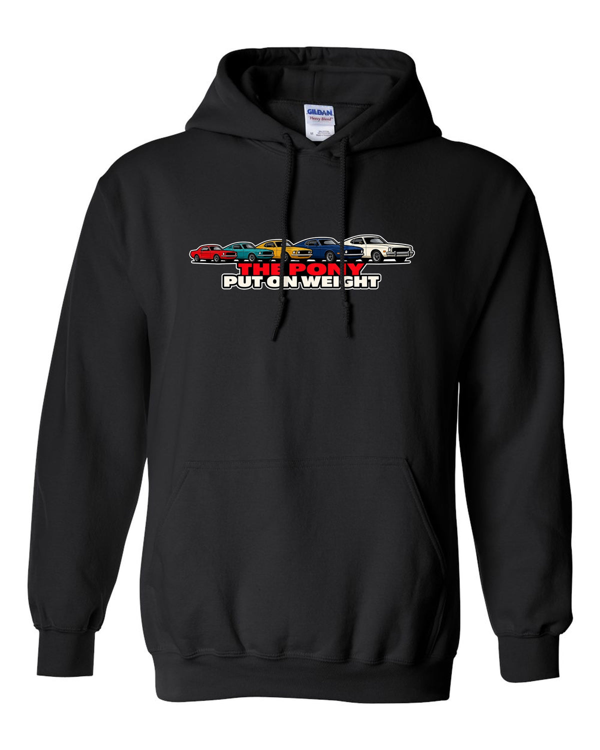 Generation evolution lineup print of five first-generation Ford Mustangs 1965-73 black pull over hoodie front view with the design