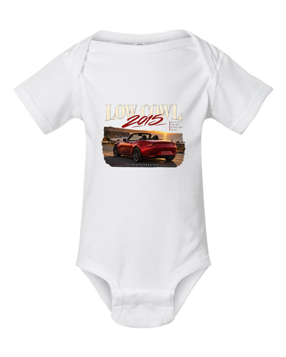 Editorial headline print of a red Mazda MX-5 ND roadster with low cowl text white baby onesie front view with the design