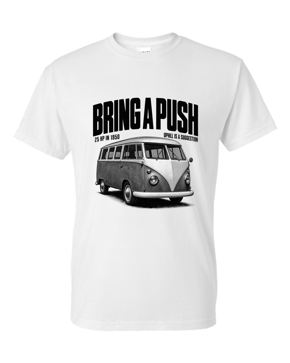 Halftone print of a VW T1 split-window microbus with bring a push text white t-shirt front view with the design