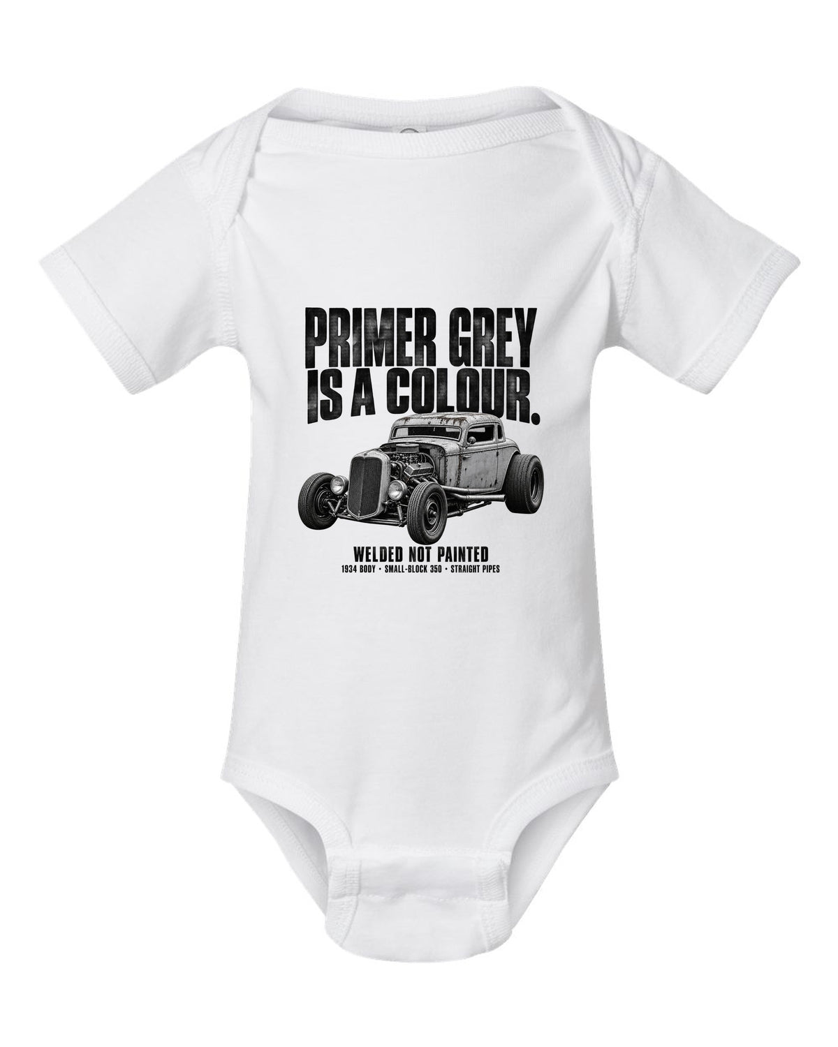 Halftone print of a primer grey 1934-style rat rod coupe white baby onesie front view with the design