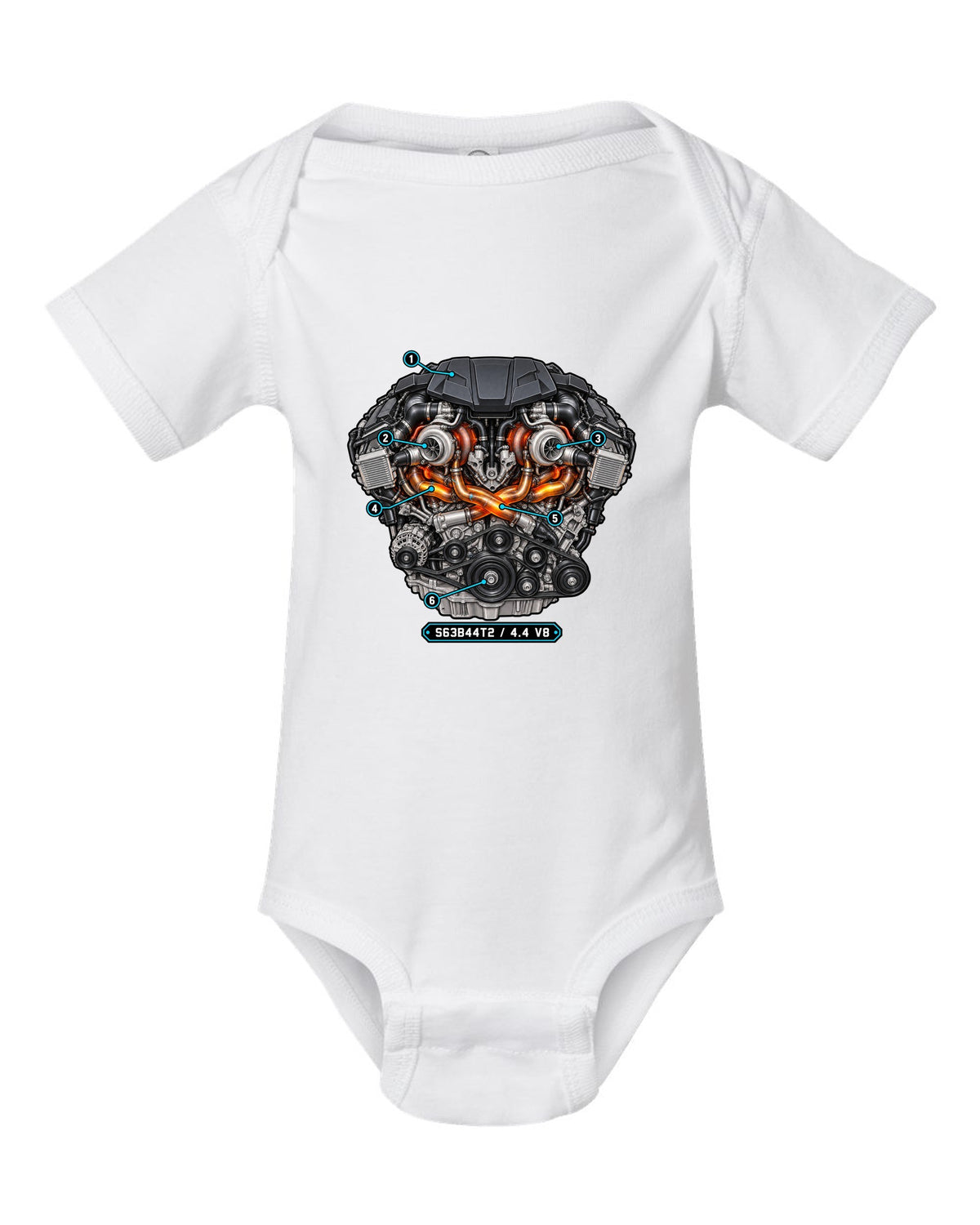 Exploded cutaway engine print of the BMW S63 4.4 V8 from the X5 M F85 white baby onesie front view with the design