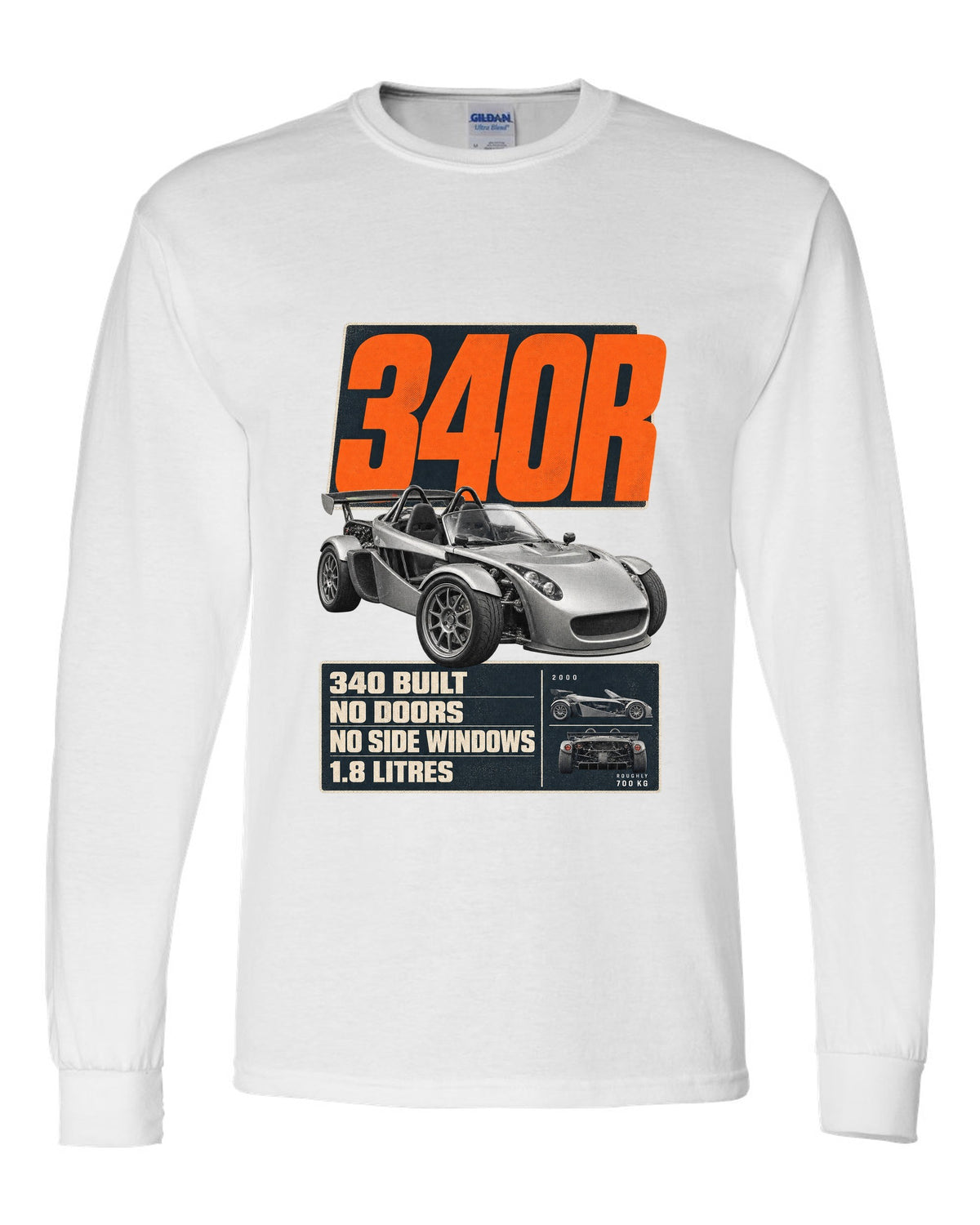 Lotus Elise 340R doorless roadster editorial headline print design white long sleeve front view with the design
