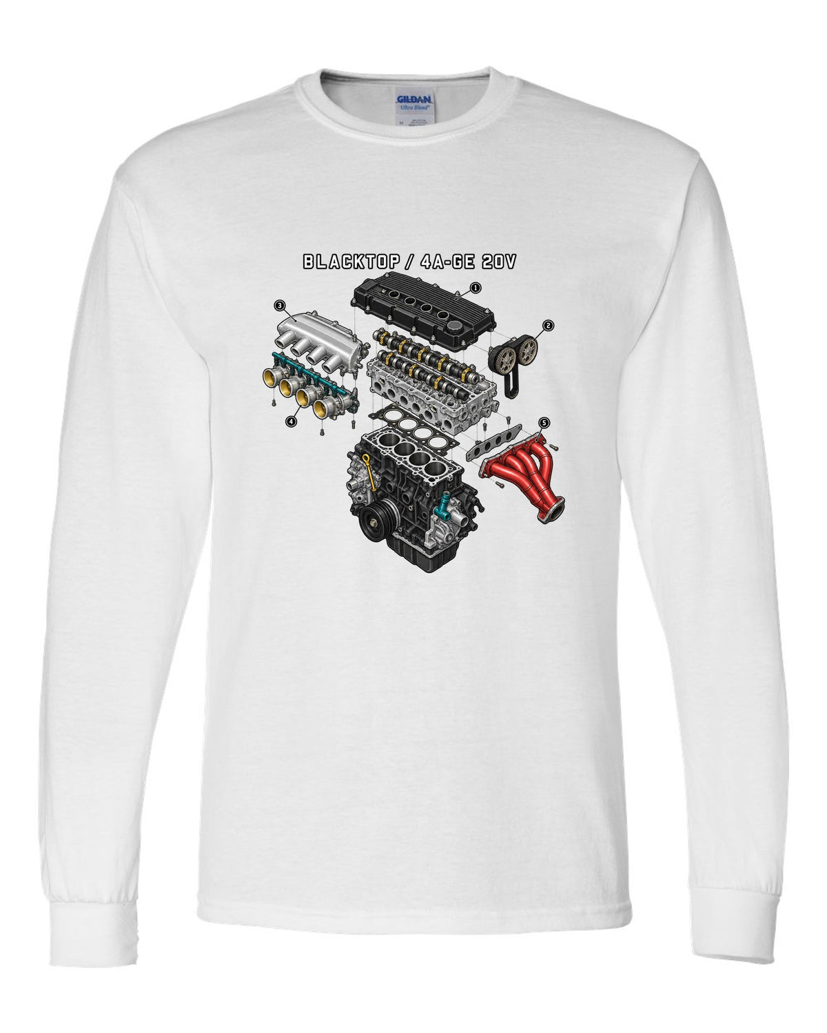 Exploded engine diagram of the blacktop 4A-GE 20V for the Toyota Corolla AE111 white long sleeve front view with the design