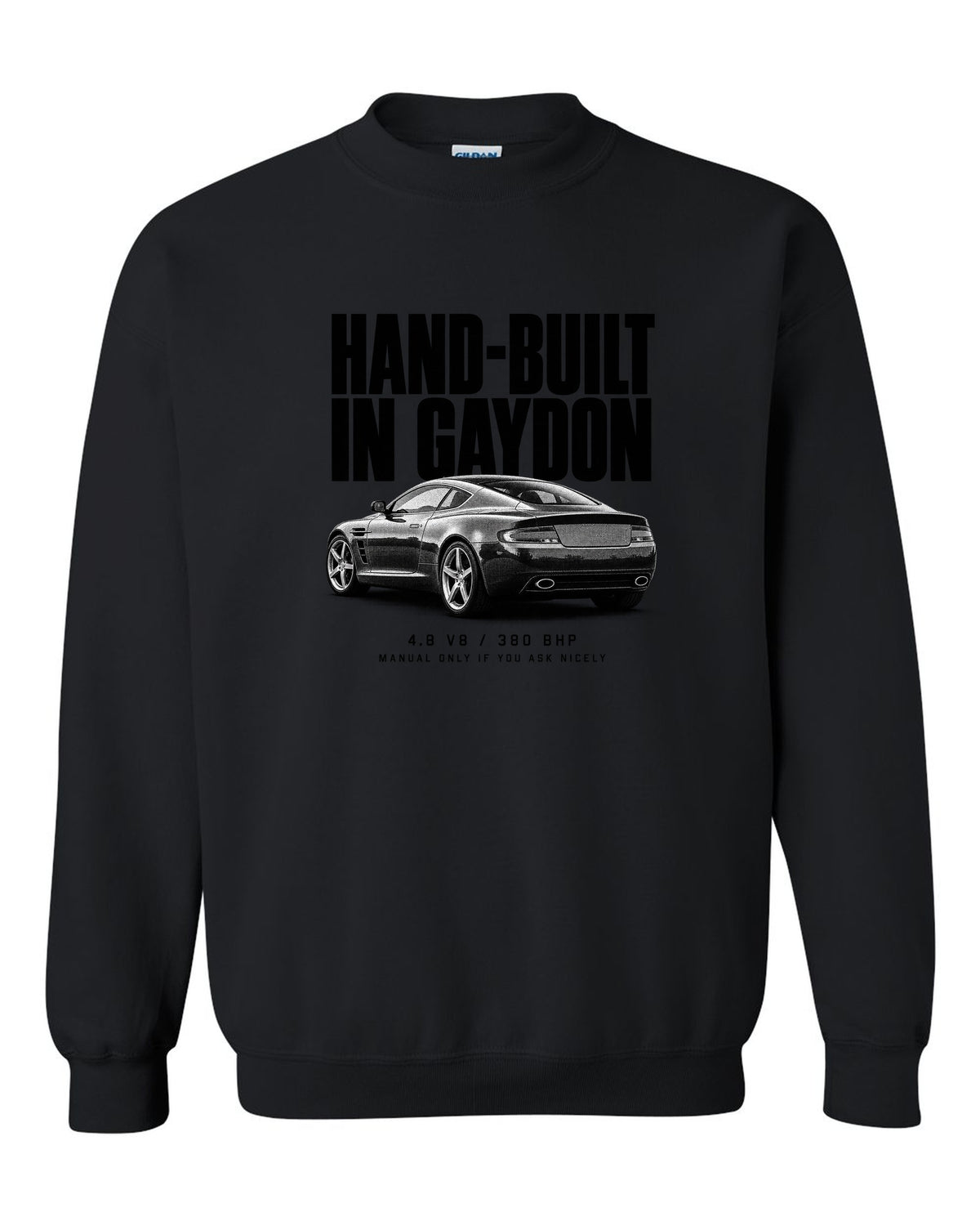 Aston Martin V8 Vantage 2005 halftone print with Gaydon text black crewneck front view with the design