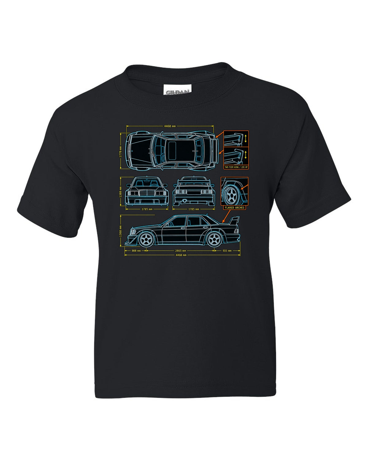 Technical blueprint top-down line art print of a Mercedes-Benz 190E Evo II W201 with two-tier wing black kids tee front view with the design