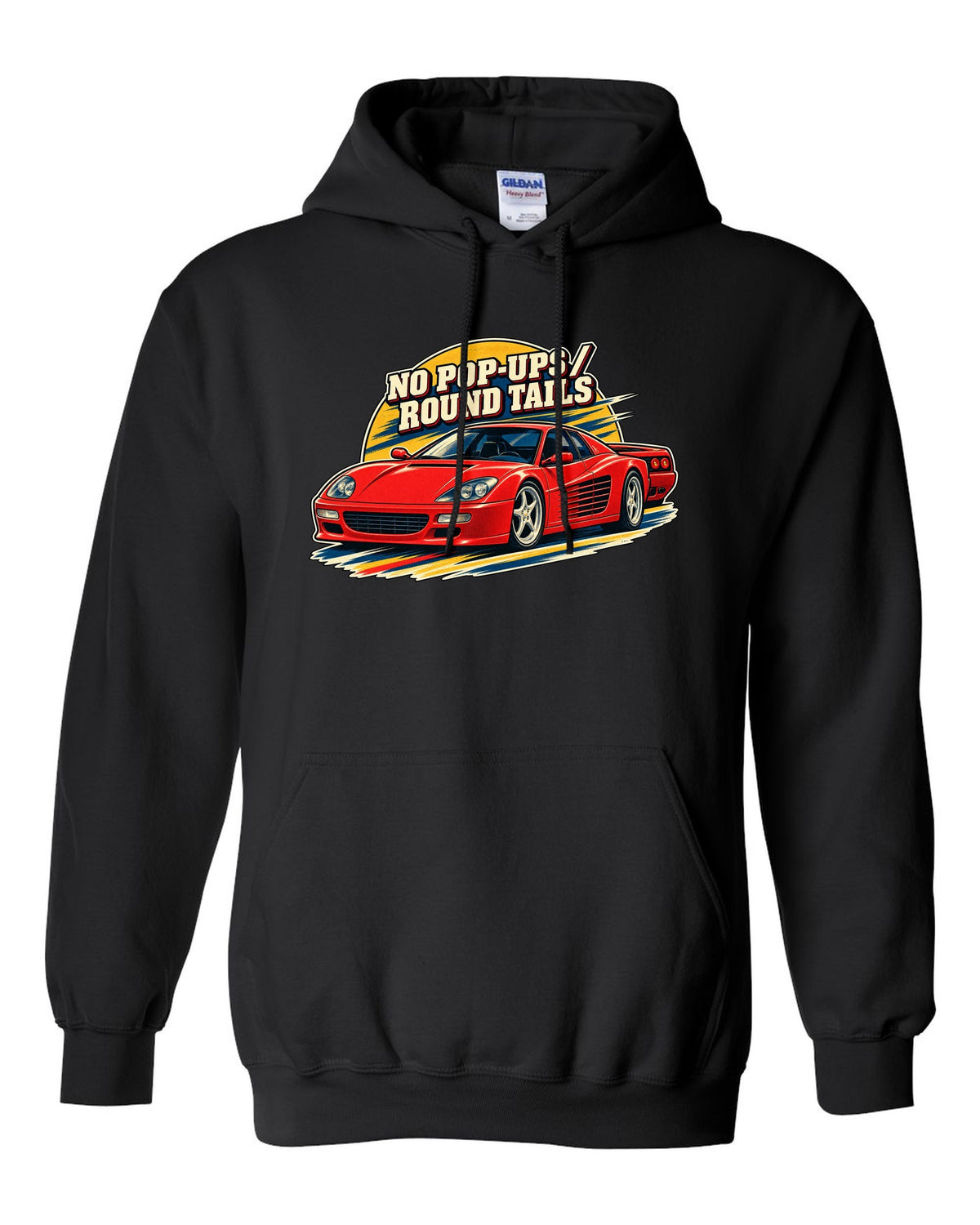 Retro race programme illustration print of the Ferrari F512 M with the text no pop-ups, round tails black pull over hoodie front view with the design